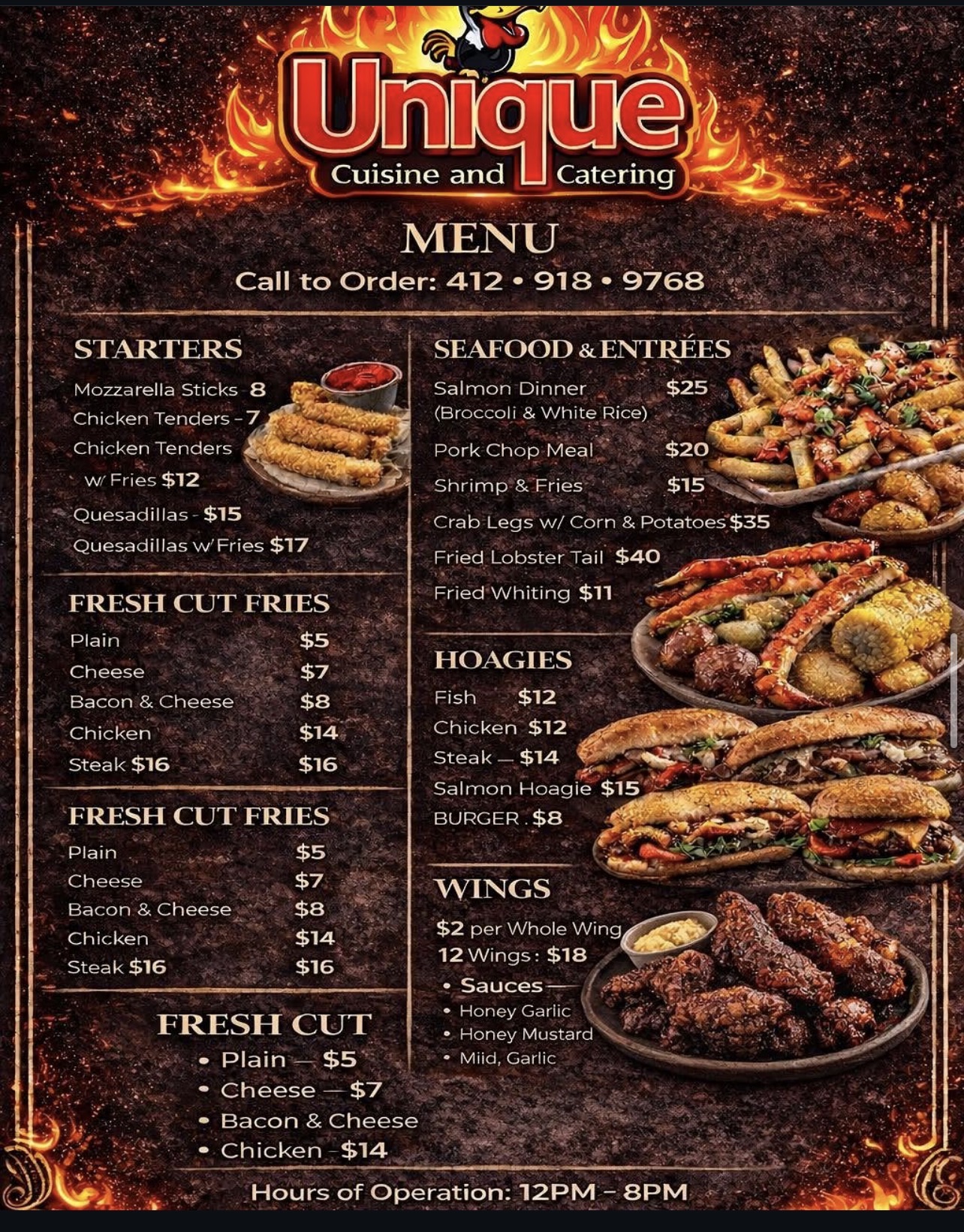 Unique Cuisine and Catering main menu flyer